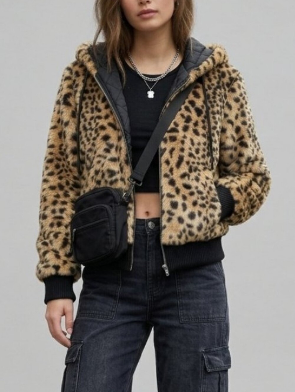 American Rag Leopard Faux Fur Hooded Bomber Jacket Y2K Streetwear, Indie Sleaze